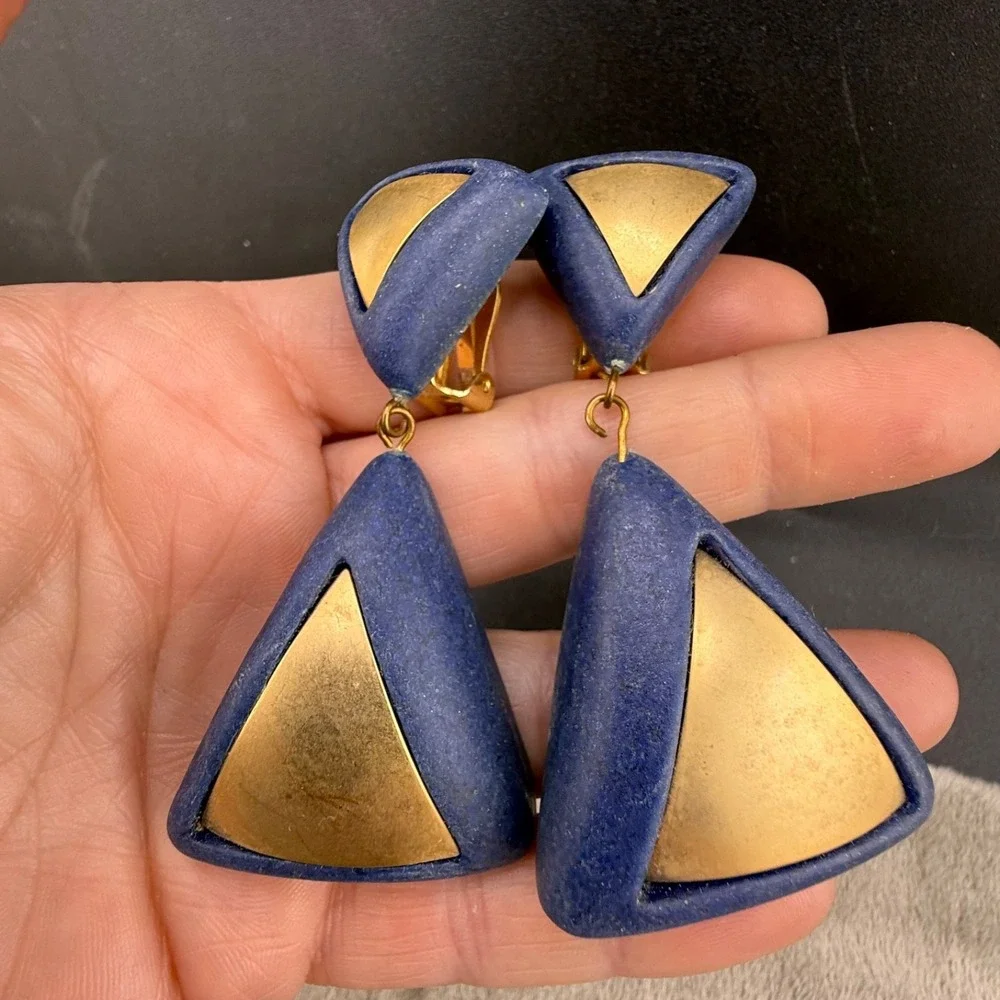 Estate Jewelry Set Blue Necklace Clip On Earrings Geometric Layered 34